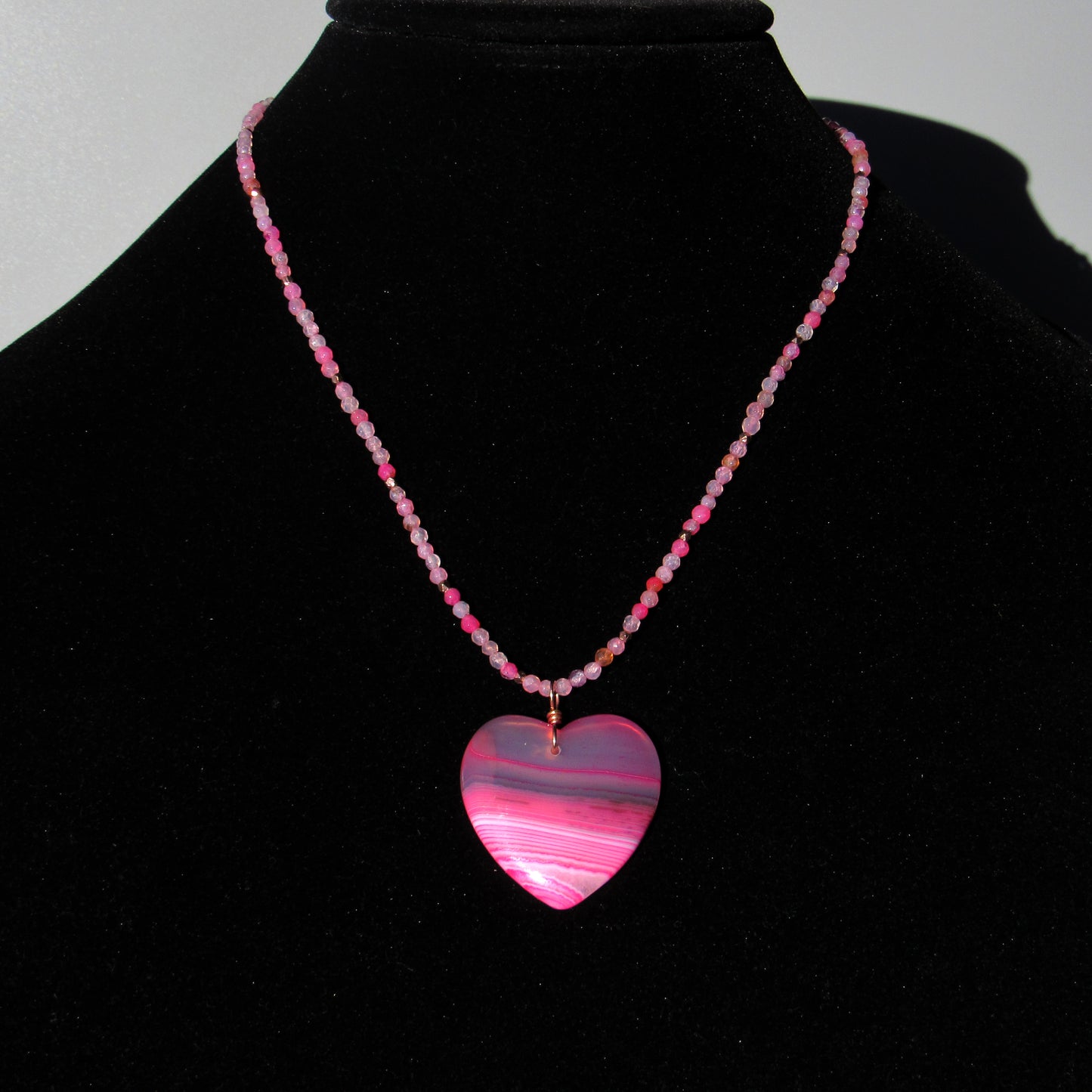 Pink Banded Agate gemstone Heart on pink agate necklace