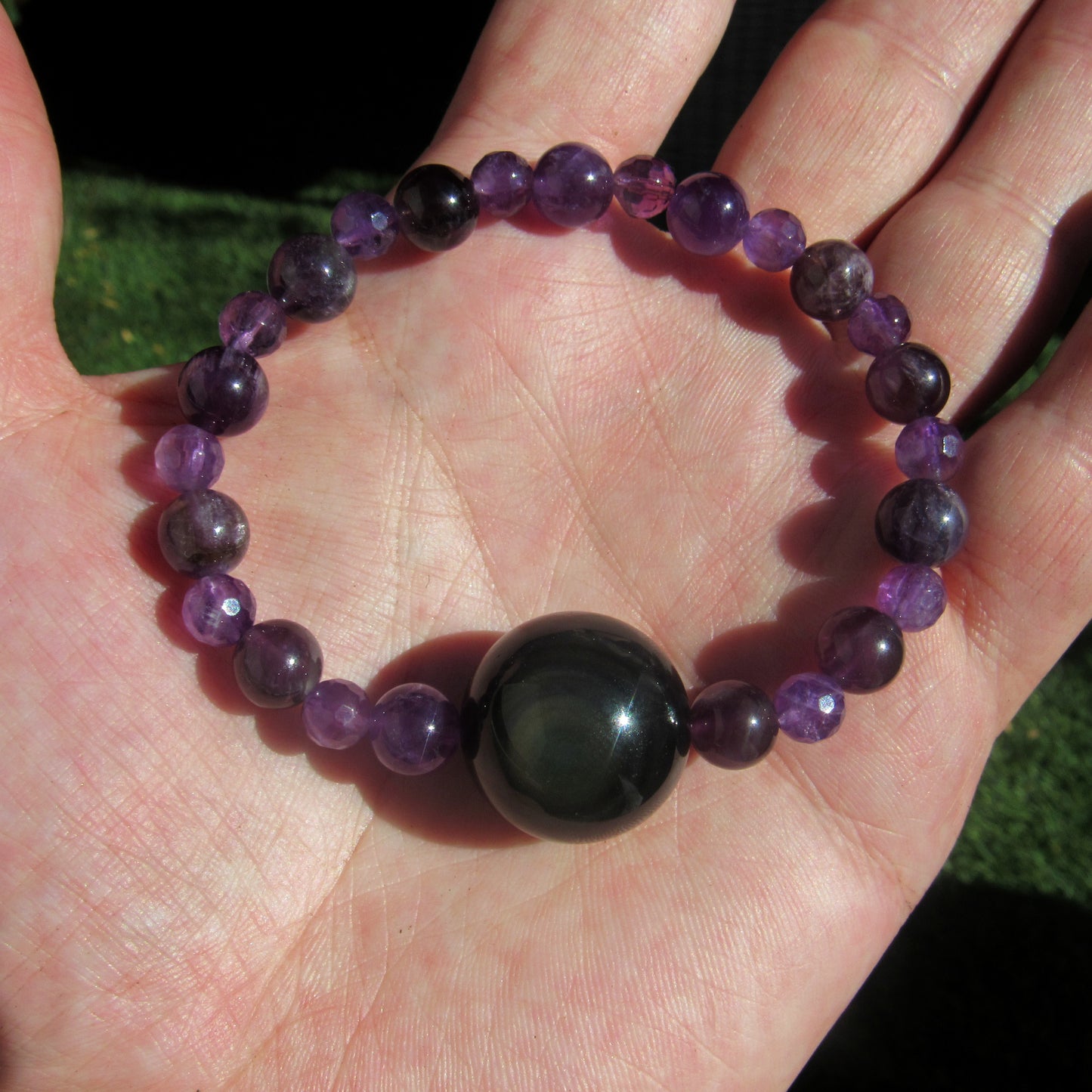 Rainbow Obsidian gemstone & purple Amethyst Smooth & Faceted Stretch Bracelet