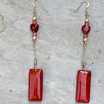 Red Jasper, Strawberry Lepidolite, and 14 kt Rose Gold Filled drop earrings