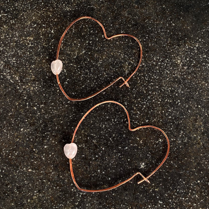 Rose Quartz Hearts on Copper Heart Hoop Earrings