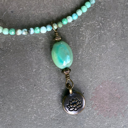 Green Opal gemstone and brass Lotus pendant Necklace