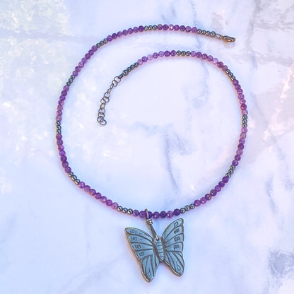 Hematite Butterfly on Amethyst gemstone Beaded Necklace