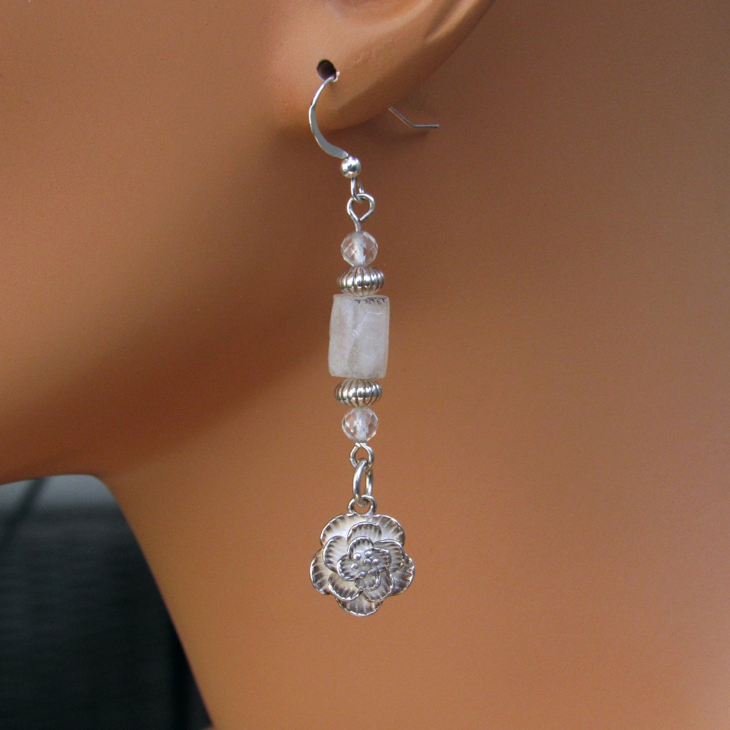 Moonstone and White Topaz gemstone Sterling silver flowers, drop earrings