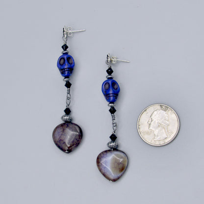 Purple Howlite Gemstone Skull with Onyx and Dragon’s Vein Agate Earrings