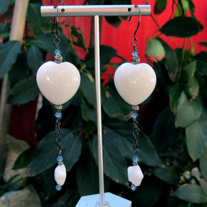 White Jade Gemstone Heart and Star, Blue Topaz, and Oxidized Sterling Silver Drop Earrings