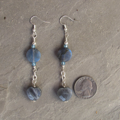 Natural Flashy Heart Labradorite, Blue Topaz, and genuine Sterling Silver Drop earrings