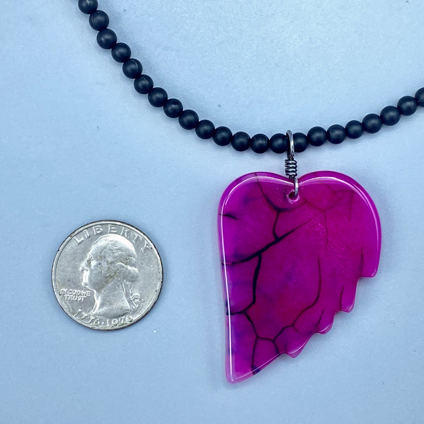 Agate Gemstone Heart Pendant on Beaded Matte Onyx w/ Sterling Silver Clasp