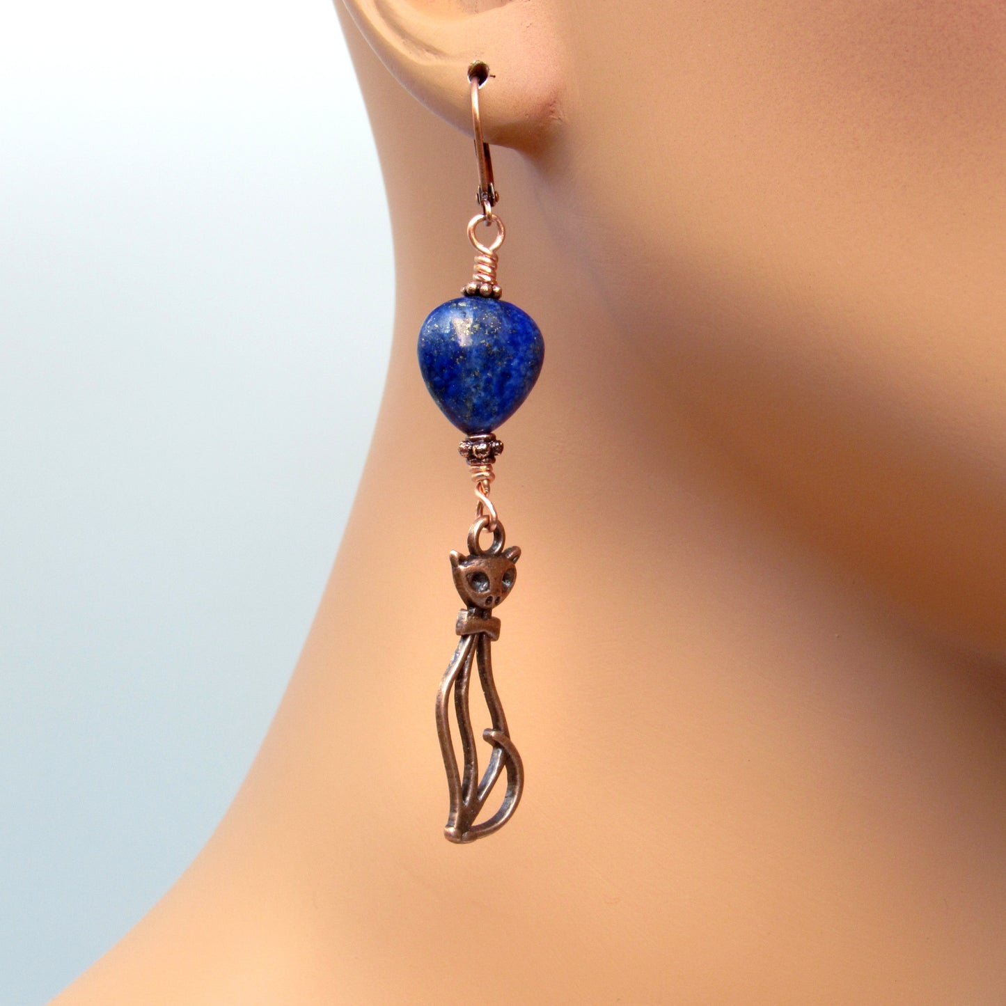 Lapis Lazuli gemstone Hearts and Copper Kitty Cat Drop Earrings