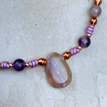 Fluorite Gemstone and copper hand knotted leather necklace