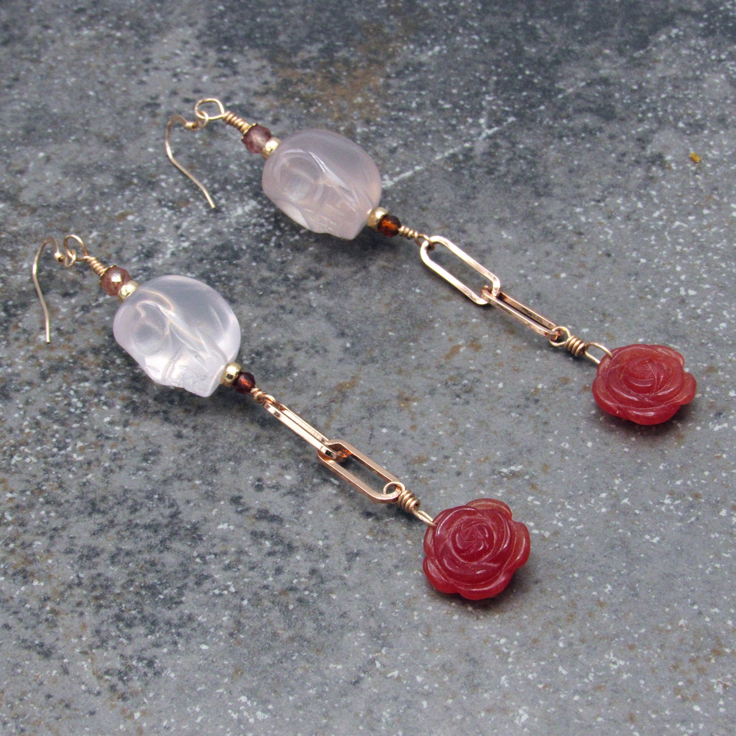 Rose Quartz Skulls, Lepidolite, Red Tourmaline, Red Agate Roses, 14 Kt Rose GF Drop Earrings