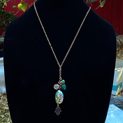 Copper, Abalone shell, Green Onyx gemstone and Hematite Hamsa necklace