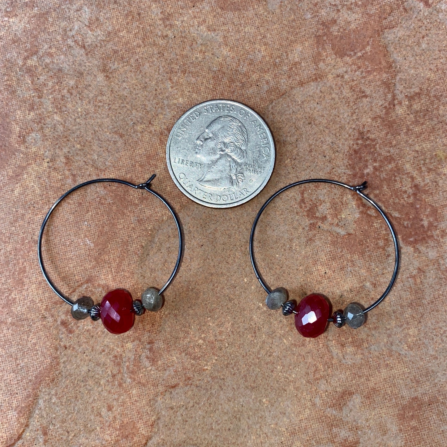 Pink chalcedony, labradorite, oxidized sterling sliver hoop earrings