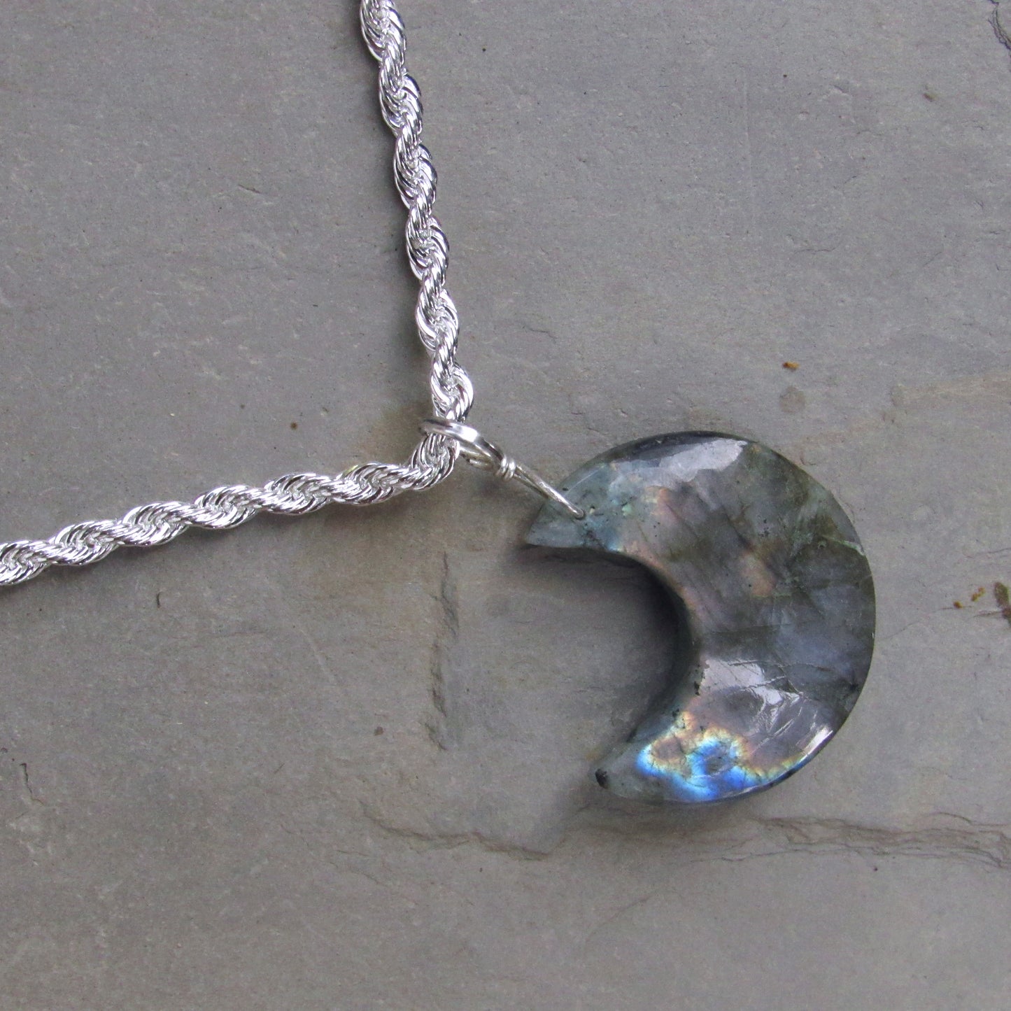 Labradorite Moon on Sterling Silver Rope Chain