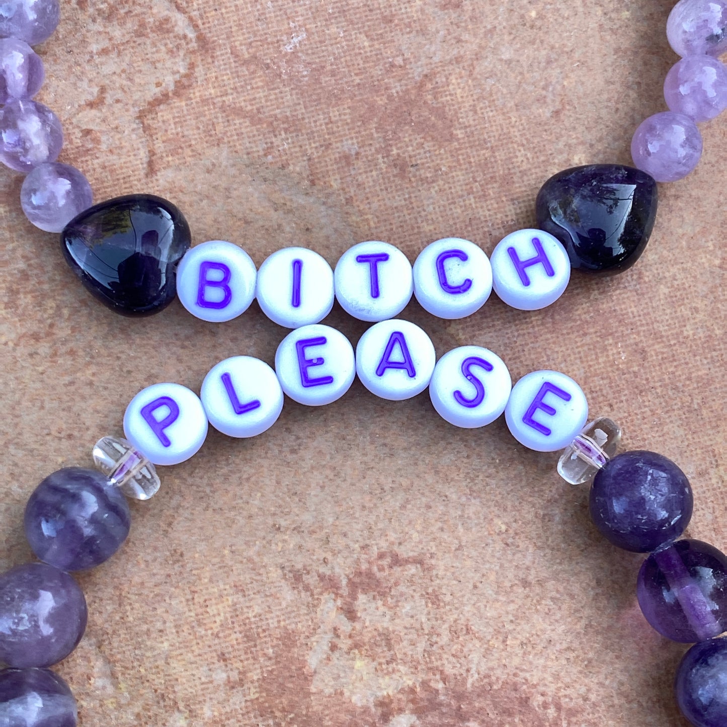 Women’s “bitch please” purple gemstone curse stretch bracelet set