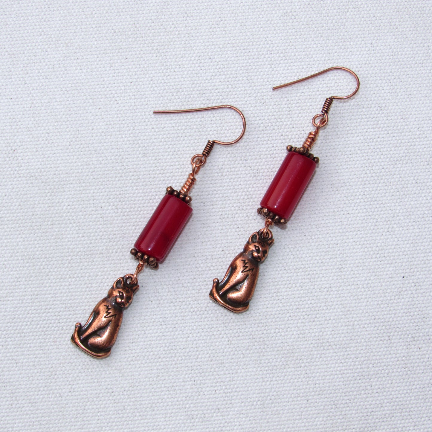 Red Agate gemstone and Copper Kitty Cat Drop Earrings