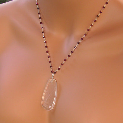 Clear Quartz Gemstone on Wrapped Garnets and Sterling Silver Necklace