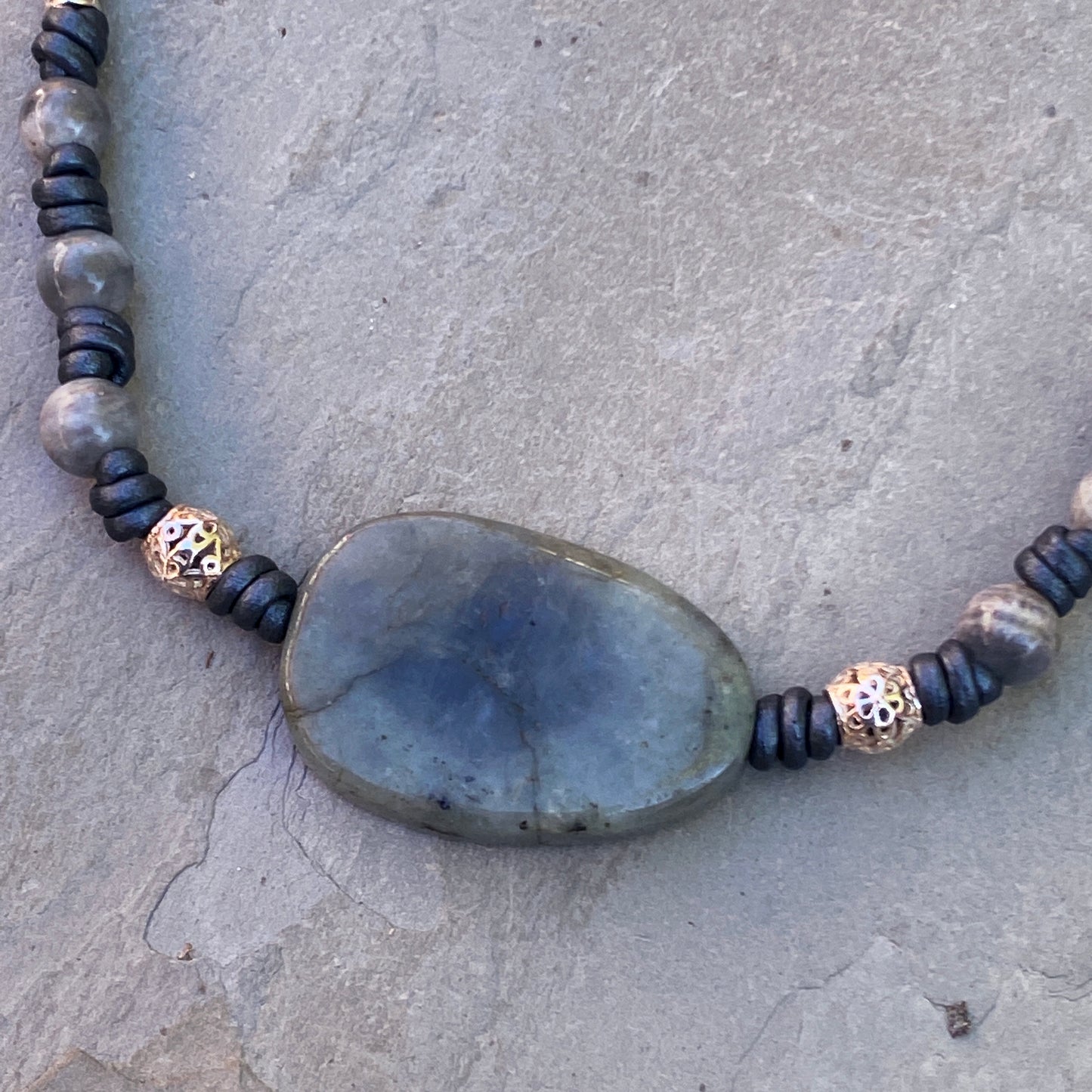 Labradorite gemstone, Sterling Silver, Leather Necklace