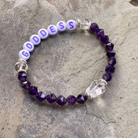 Amethyst gemstone, Clear Quartz, and Sterling Silver “Goddess” Stretch Bracelet