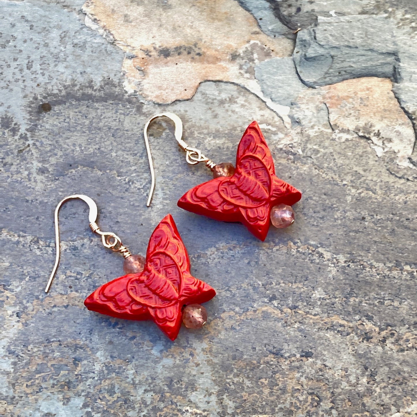 Cinnabar butterfly and Lepidocrocite gemstone e/ 14 kt Rose GF drop earrings