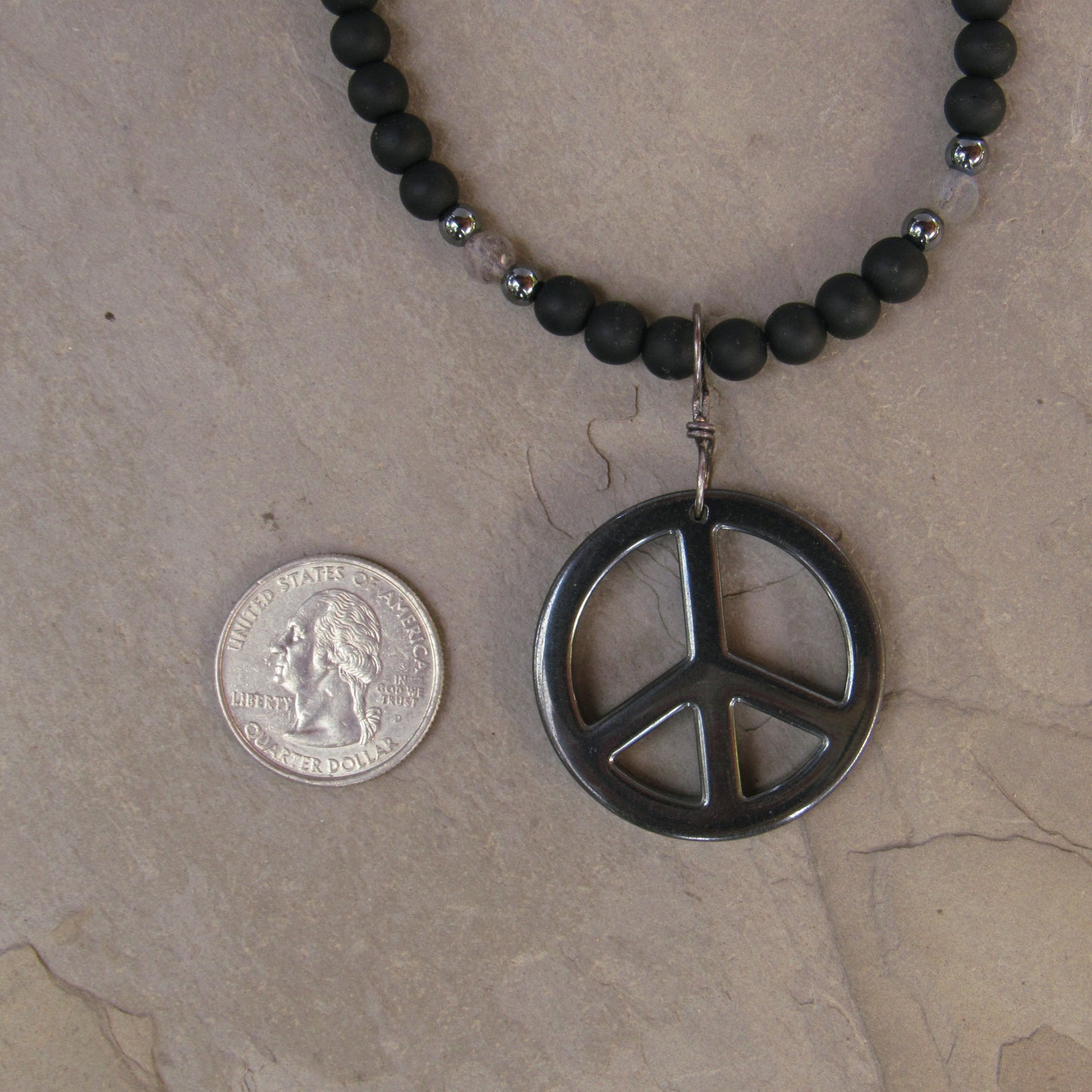 Hematite Peace Sign, Labradorite, Matte Onyx and Oxidized Sterling Silver Necklace