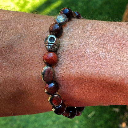 Pyrite Skull and Tiger’s Eye gemstone stretch Bracelet