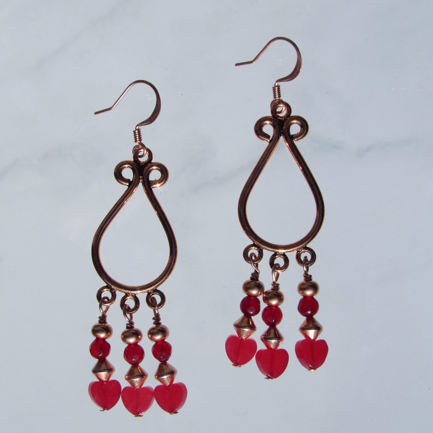 Jade gemstone hearts, Red agates, and copper chandelier earrings