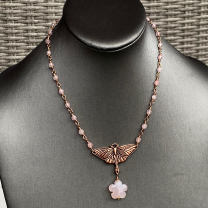 Rose Quartz gemstone with pewter and copper Lunar Moth pendant necklace