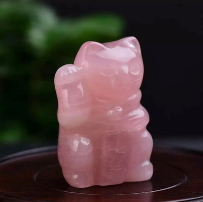 Rose Quartz gemstone carved Lucky Cat