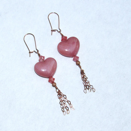 Pink Jade gemstone Hearts, Cherry Quartz, 18 Kt Gold Vermeil Heart Chain Hand wrapped Drop Earrings