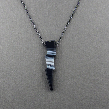 Black Banded Striped Agate Lightning Bolt W/ Oxidized Sterling Silver Chain