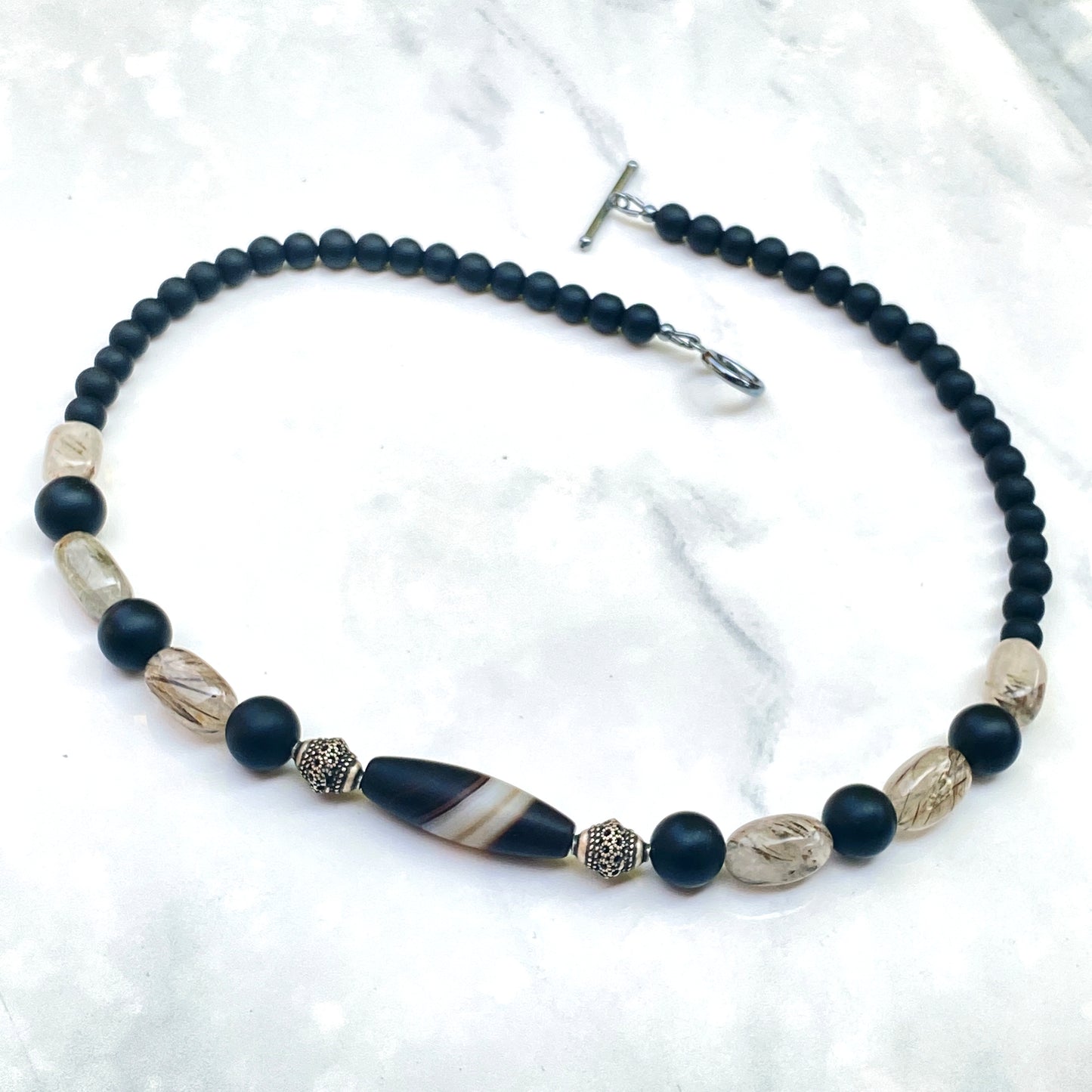 Tibetan Agate, Sterling Silver, Onyx, and Rutilated Quartz,