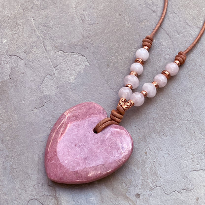 Rhodonite gemstone Heart with Rose Quartz and Copper Leather necklace