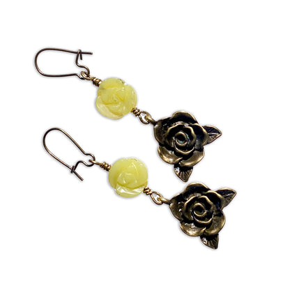 Lemon Jade gemstone and Brass Rose dangle Earrings