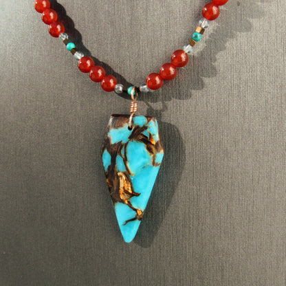 Bornite Gemstone pendant on carnelian, apatite, and hematite Beaded Necklace