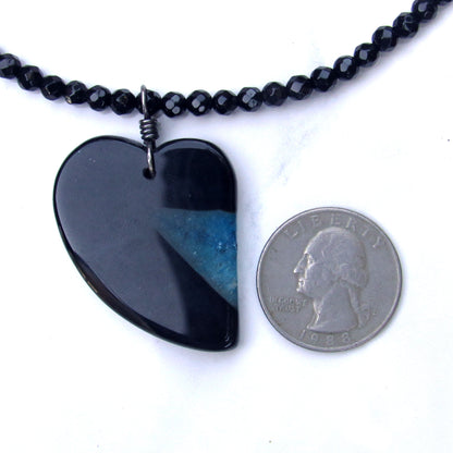 Druzy Agate gemstone Heart on Onyx Necklace