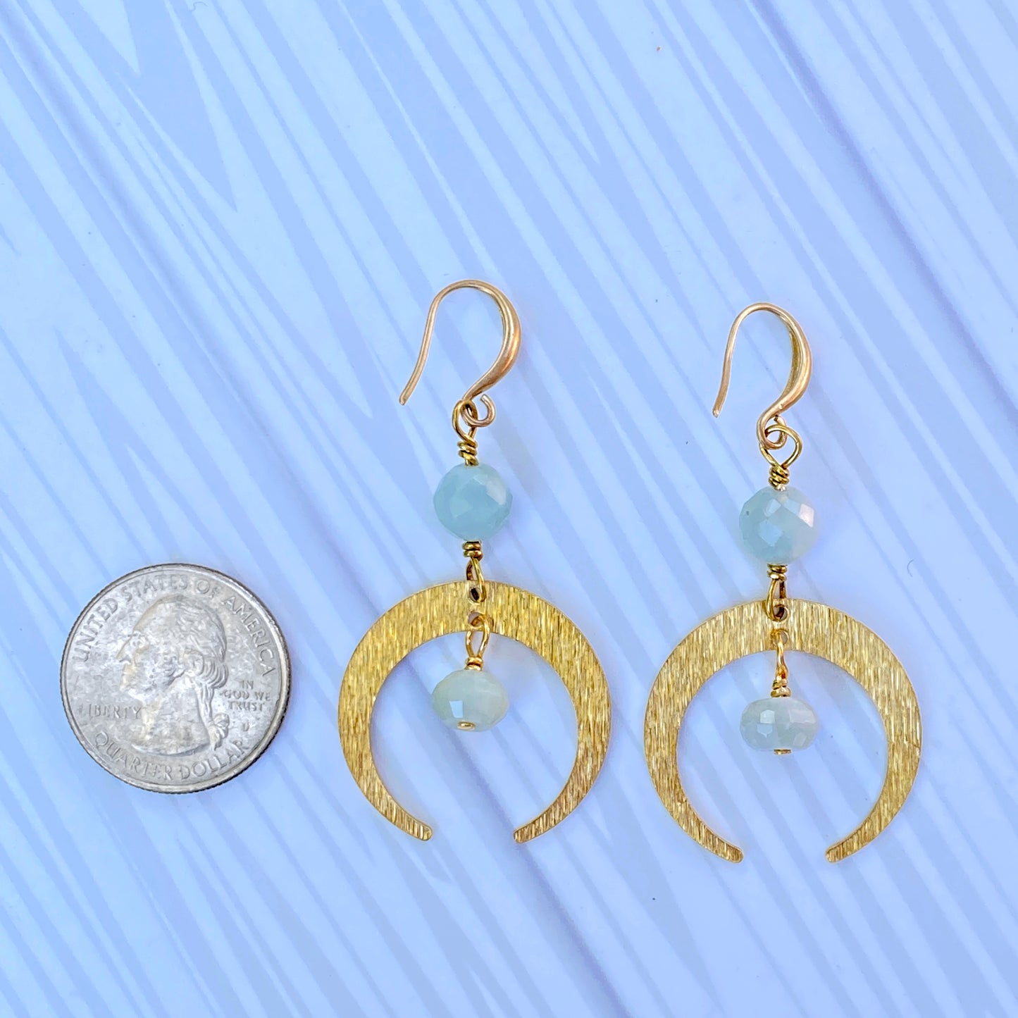 Aquamarine gemstone and brass Moon Earrings