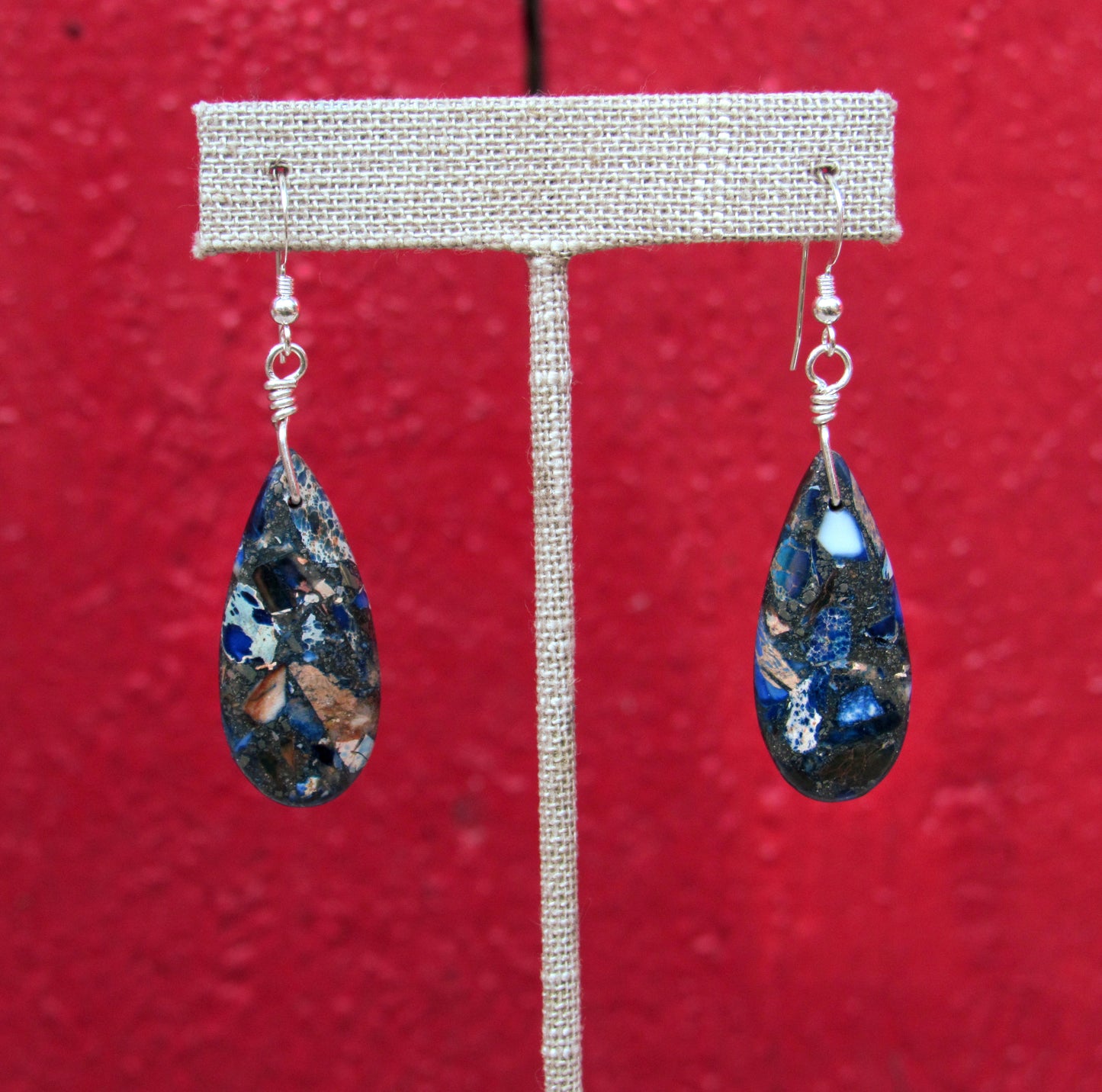 Blue Sea Sediment Jasper Hand Wrapped in Sterling Silver Drop Earrings