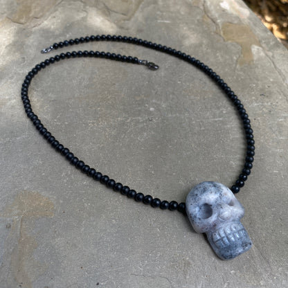 Ice Blue Agate skull w/ Onyx and Sterling Silver Clasp