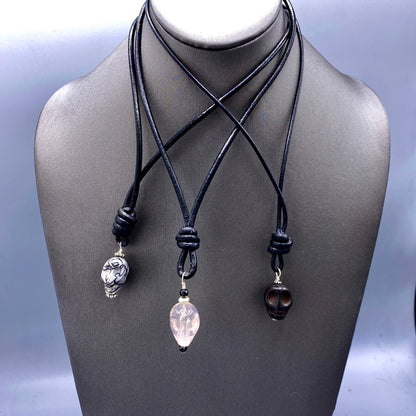 Leather and Gemstone Skull necklaces with Sterling Silver