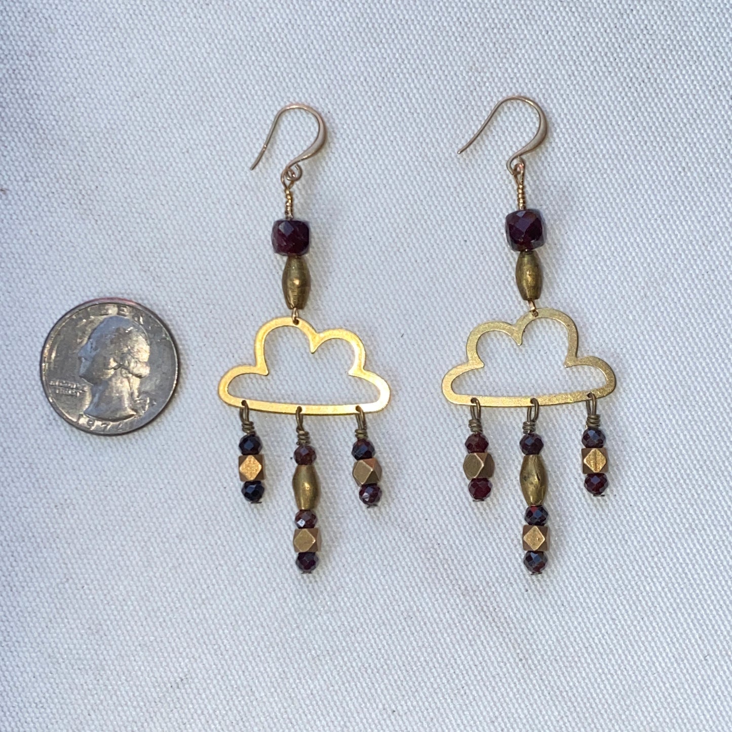 Raw Brass Cloud and Garnet gemstone Rain Drop Earrings