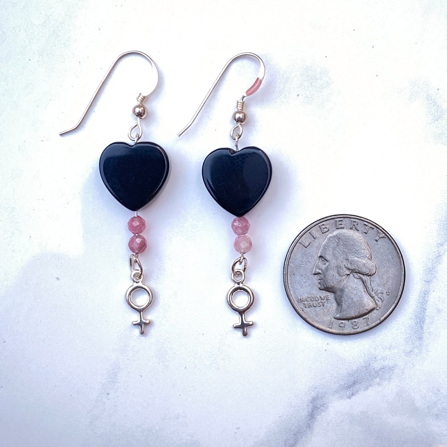 Black Onyx hearts and Pink Tourmaline with Sterling Silver Drop Earrings