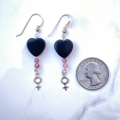 Black Onyx hearts and Pink Tourmaline with Sterling Silver Drop Earrings