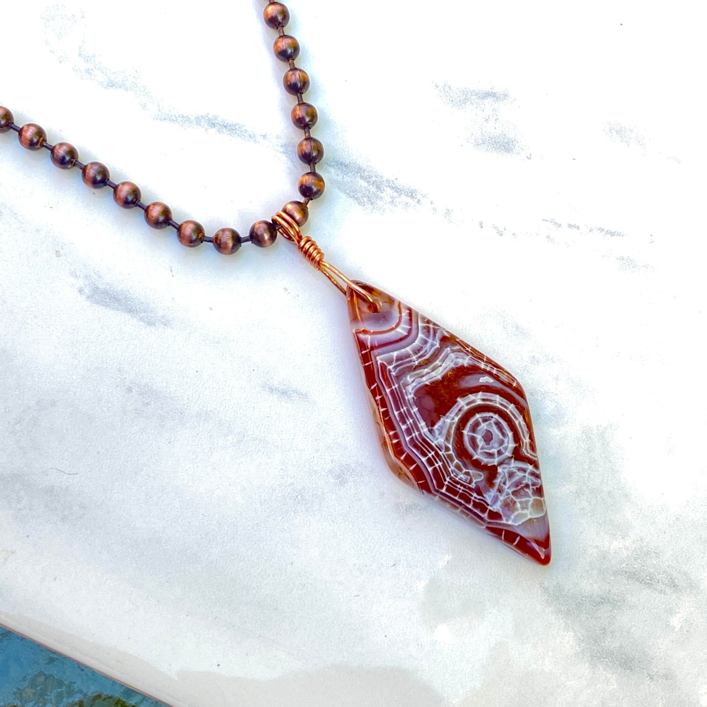 Men’s Dragon’s Vein Agate Rhombus Pendant, Hand Wrapped on Copper Chain