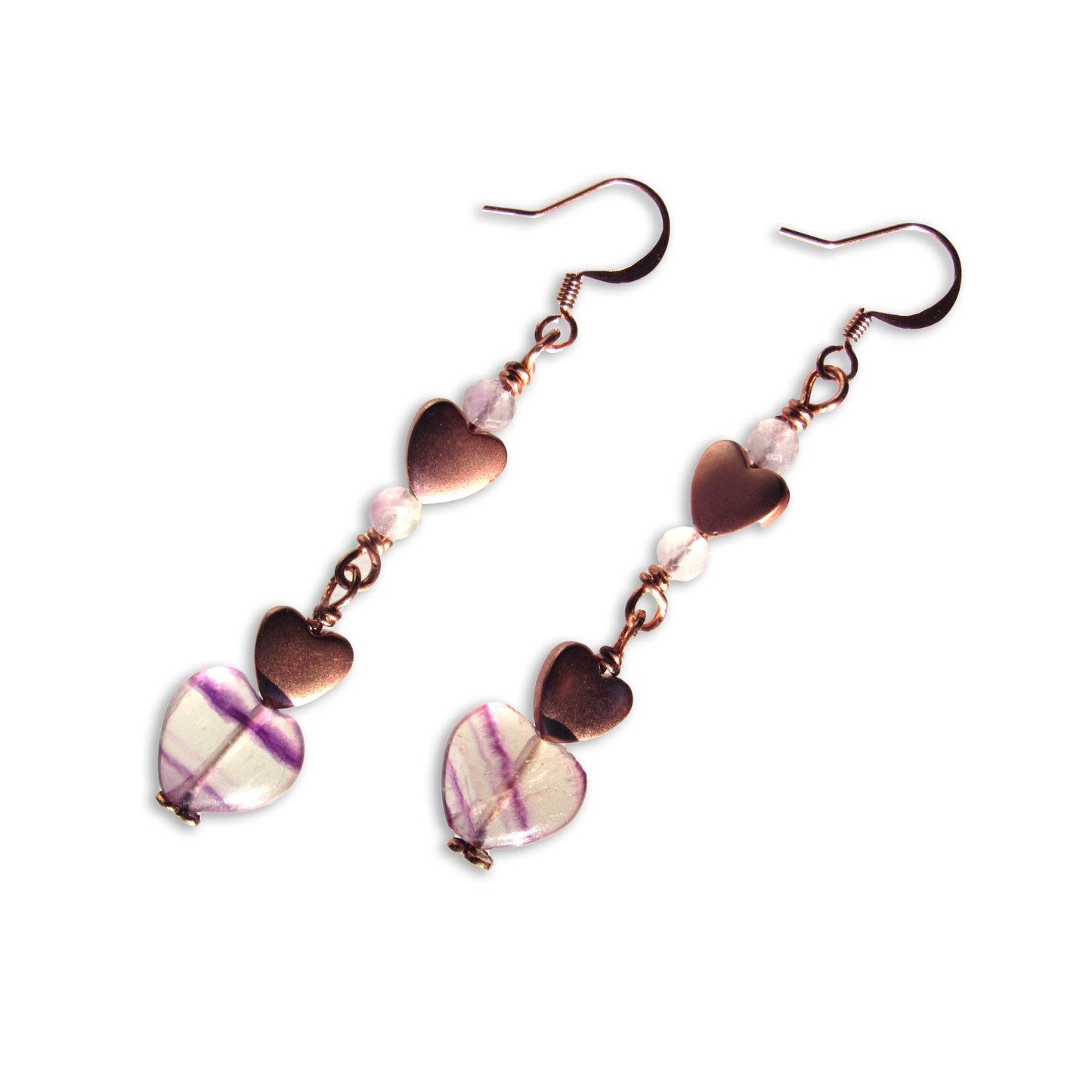 Fluorite and Hematite gemstone Dangle Heart earrings