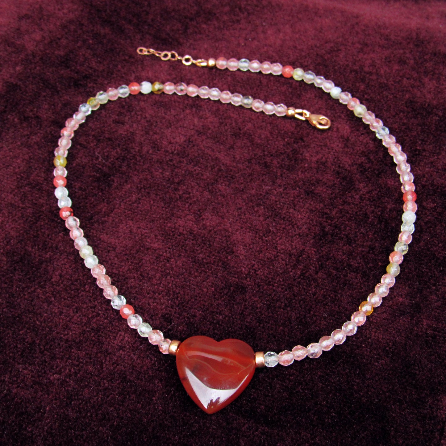 Red Agate Gemstone Heart, Cherry Quartz , 14 kt Rose Gold Fill Necklace