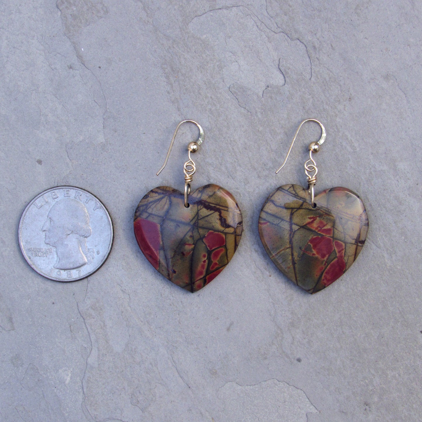 Picasso Jasper gemstone Heart Earrings with 14 Kt GF ear wire