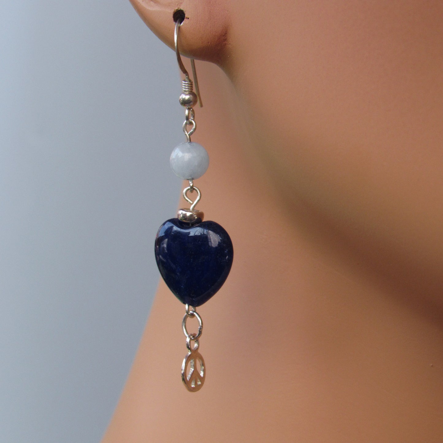 Blue Agate gemstone Hearts, Sterling Silver Peace Signs, Aquamarine, Sterling Silver Drop Earrings
