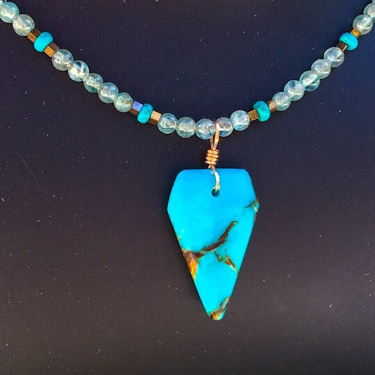 Blue Agate Bronzite pendant with Apatite, Hematite & Turquoise Gemstones