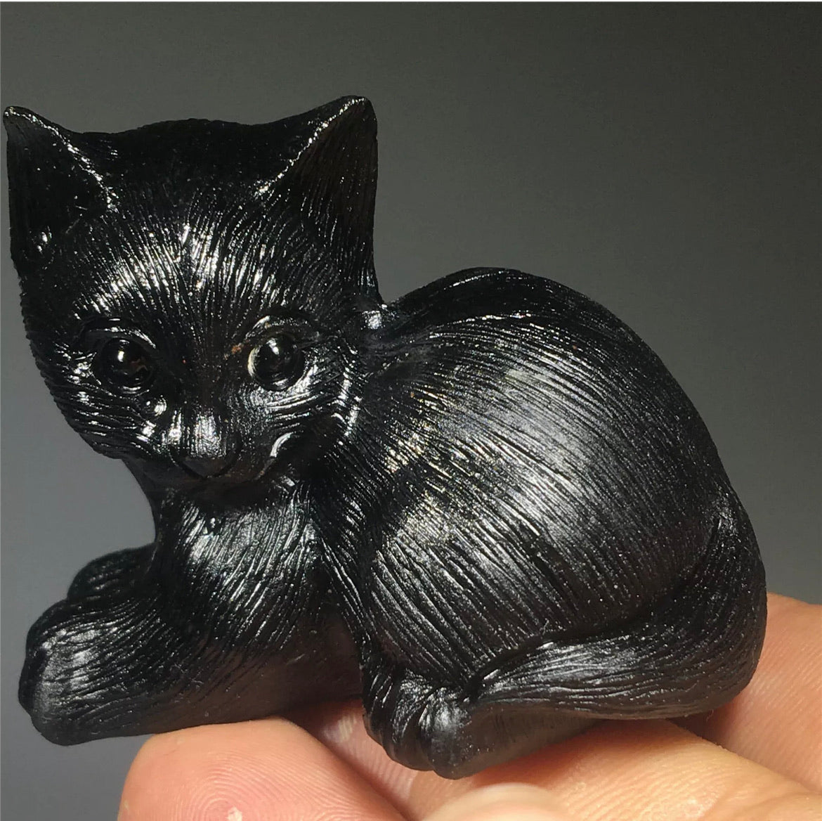 Natural Black Obsidian Lying Down Cat