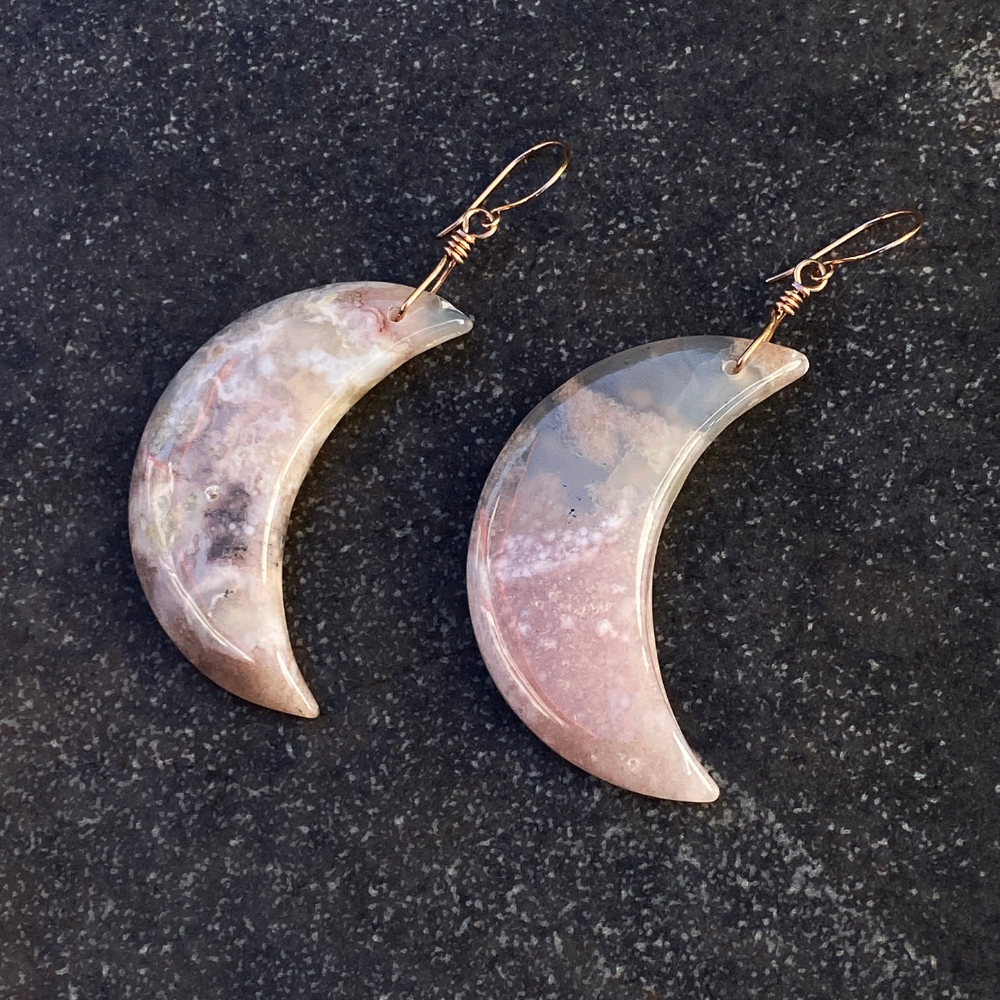 Large Natural Sakura Agate Moons with 14 Kt Rose Gf Drop Earrings